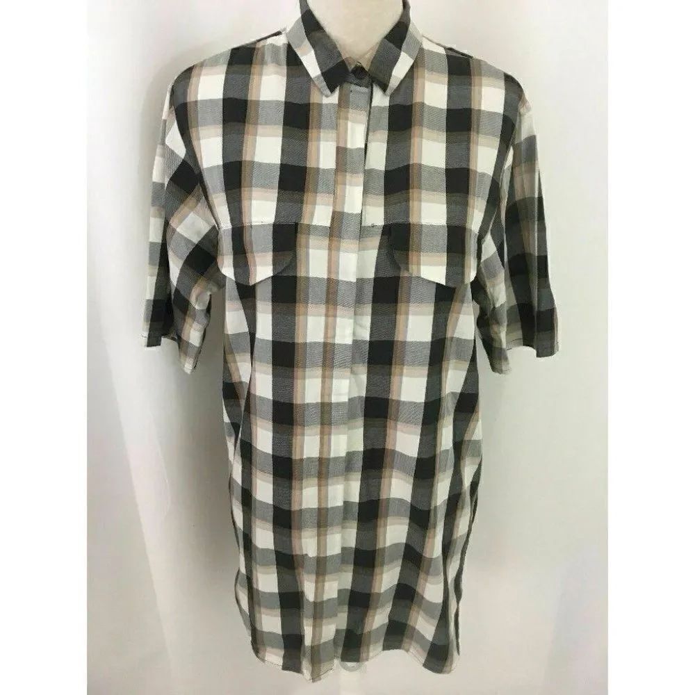 Zara Womens Black White Orange Plaid Short Sleeve Button Down Shirt Dress Small
